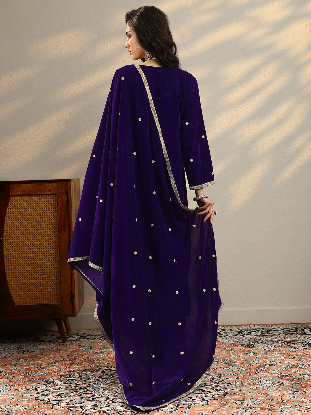 Purple Embroidered Velvet Straight Kurta, Trousers And Dupatta Set