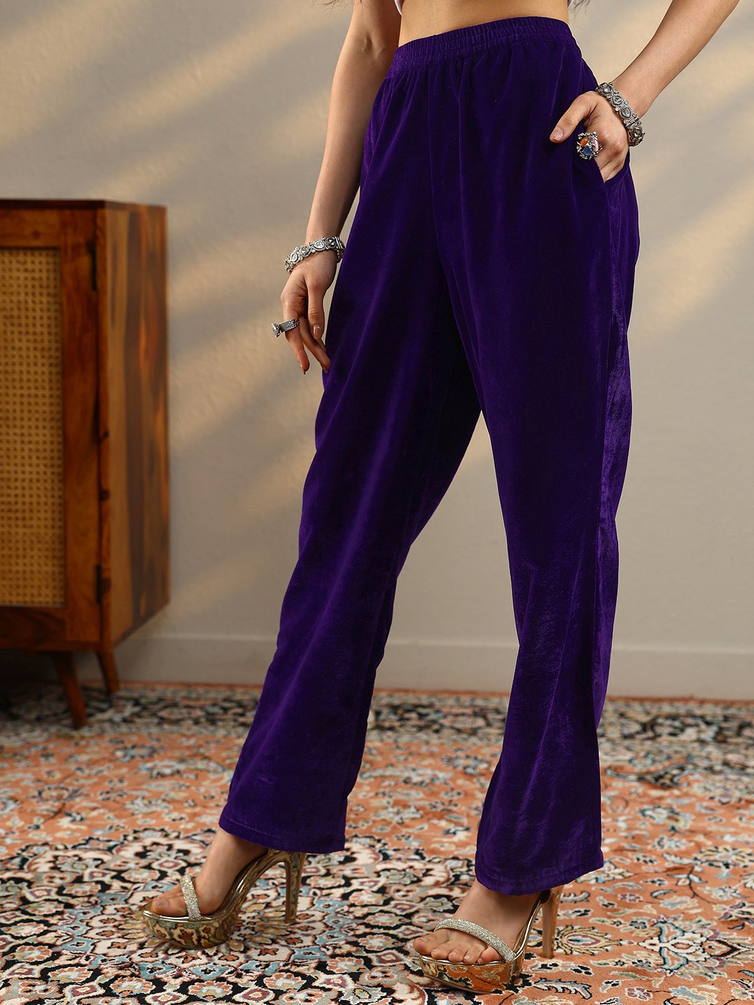 Purple Embroidered Velvet Straight Kurta, Trousers And Dupatta Set