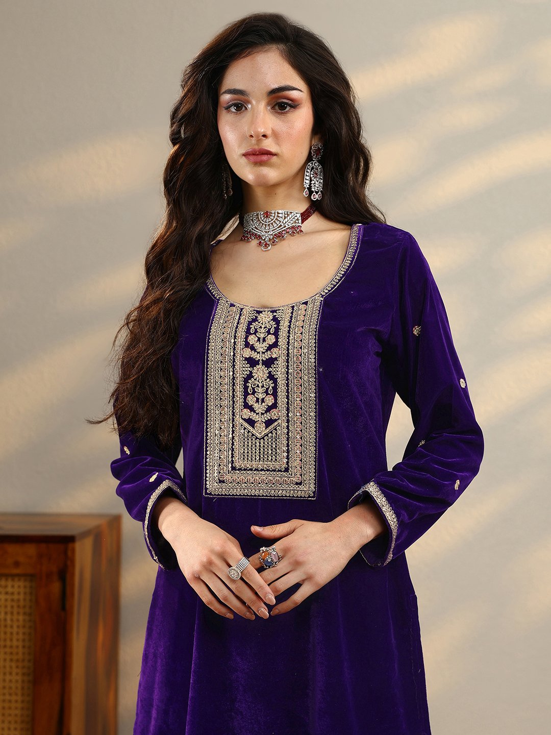 Purple Embroidered Velvet Straight Kurta, Trousers And Dupatta Set