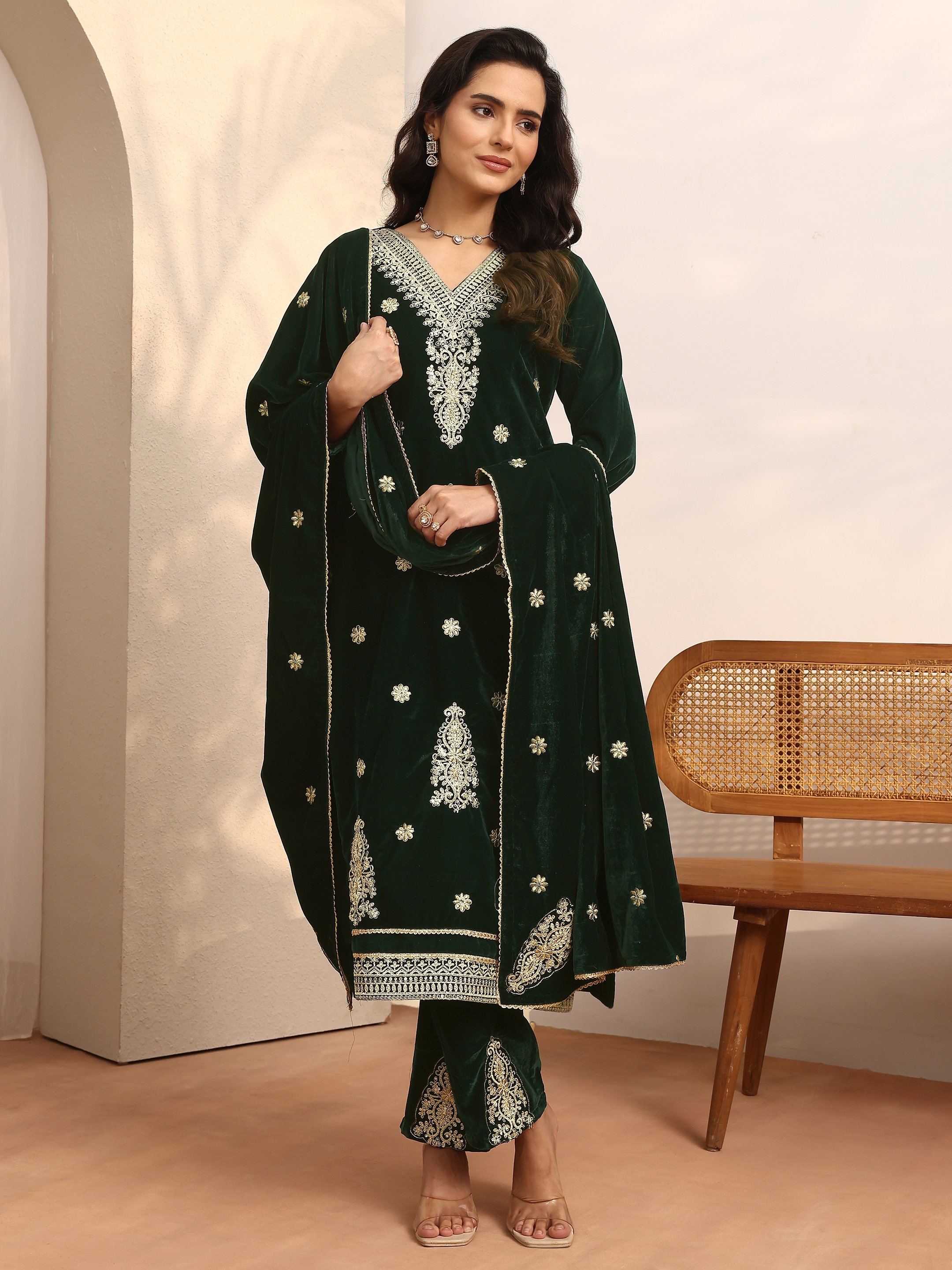 Green Embroidered Velvet Straight Kurta, Trousers And Dupatta Set
