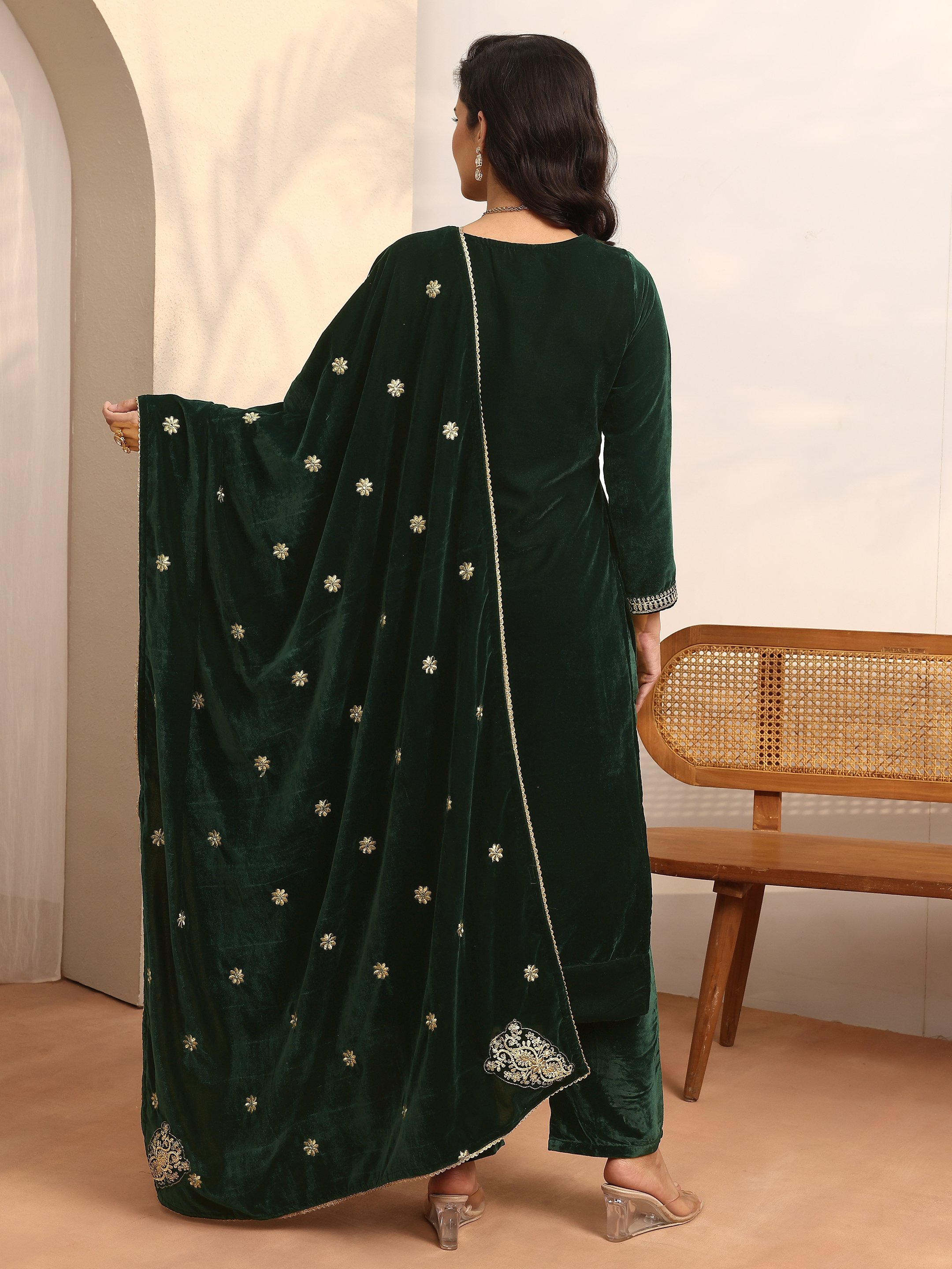 Green Embroidered Velvet Straight Kurta, Trousers And Dupatta Set