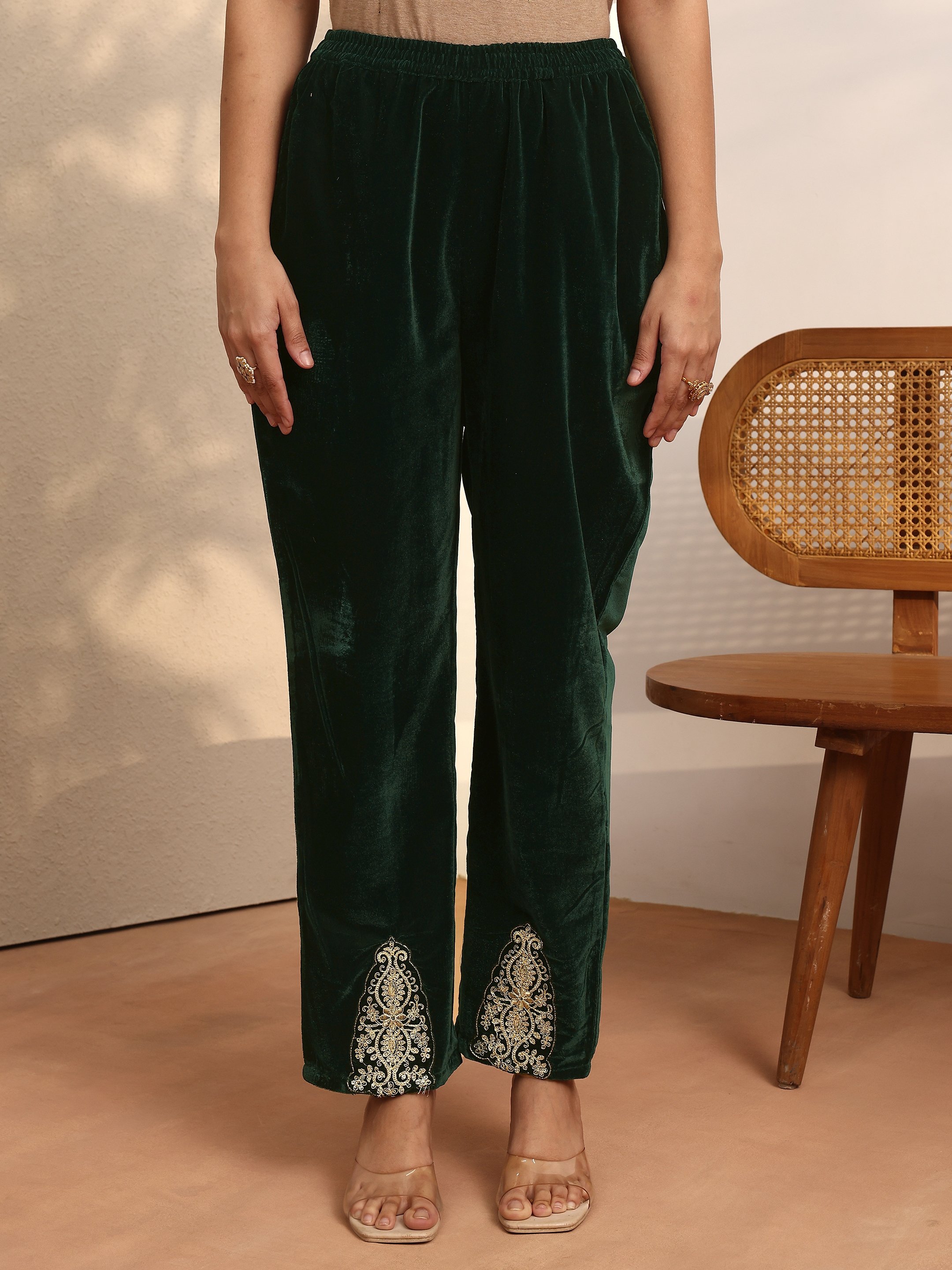 Green Embroidered Velvet Straight Kurta, Trousers And Dupatta Set