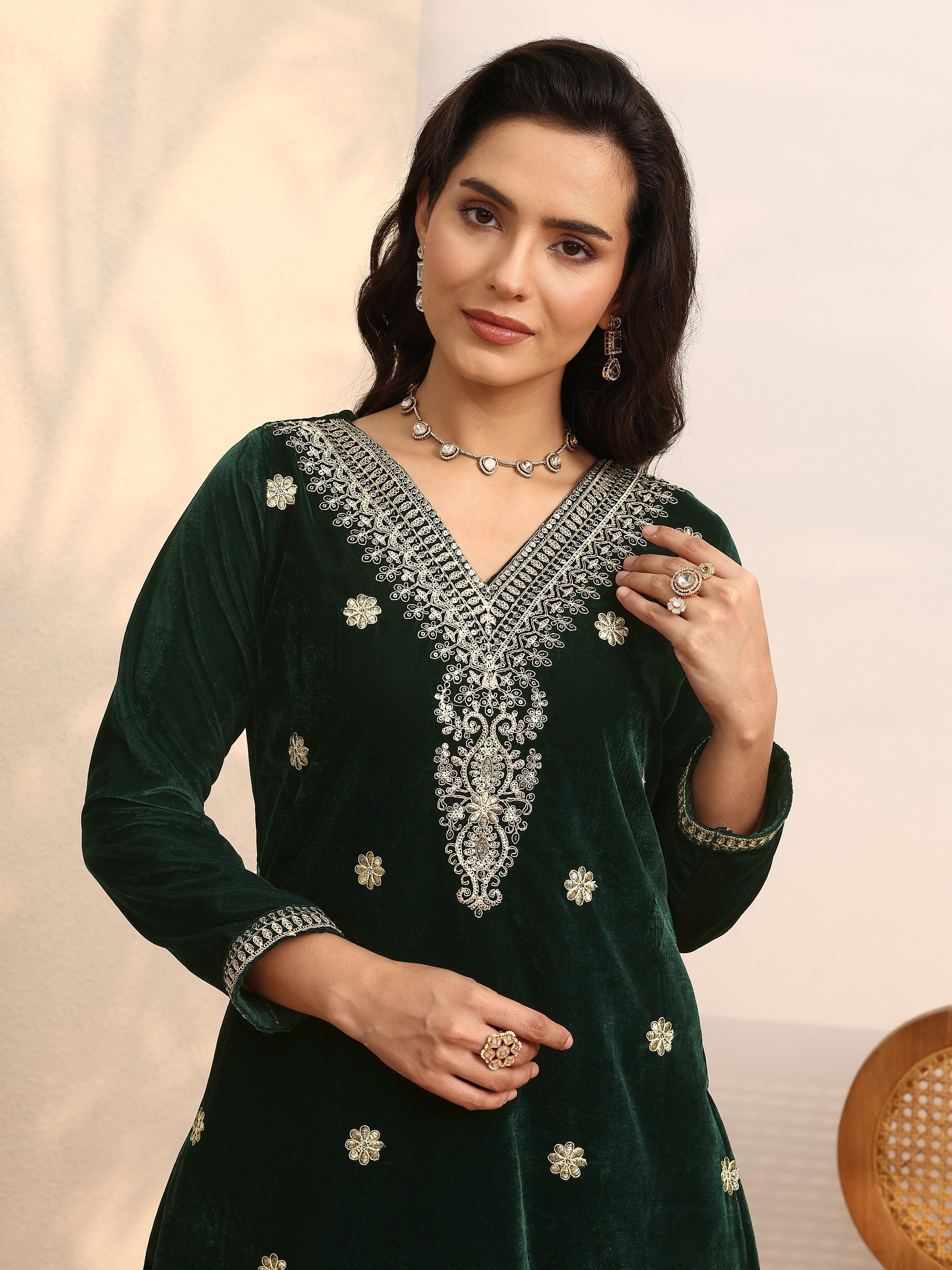 Green Embroidered Velvet Straight Kurta, Trousers And Dupatta Set