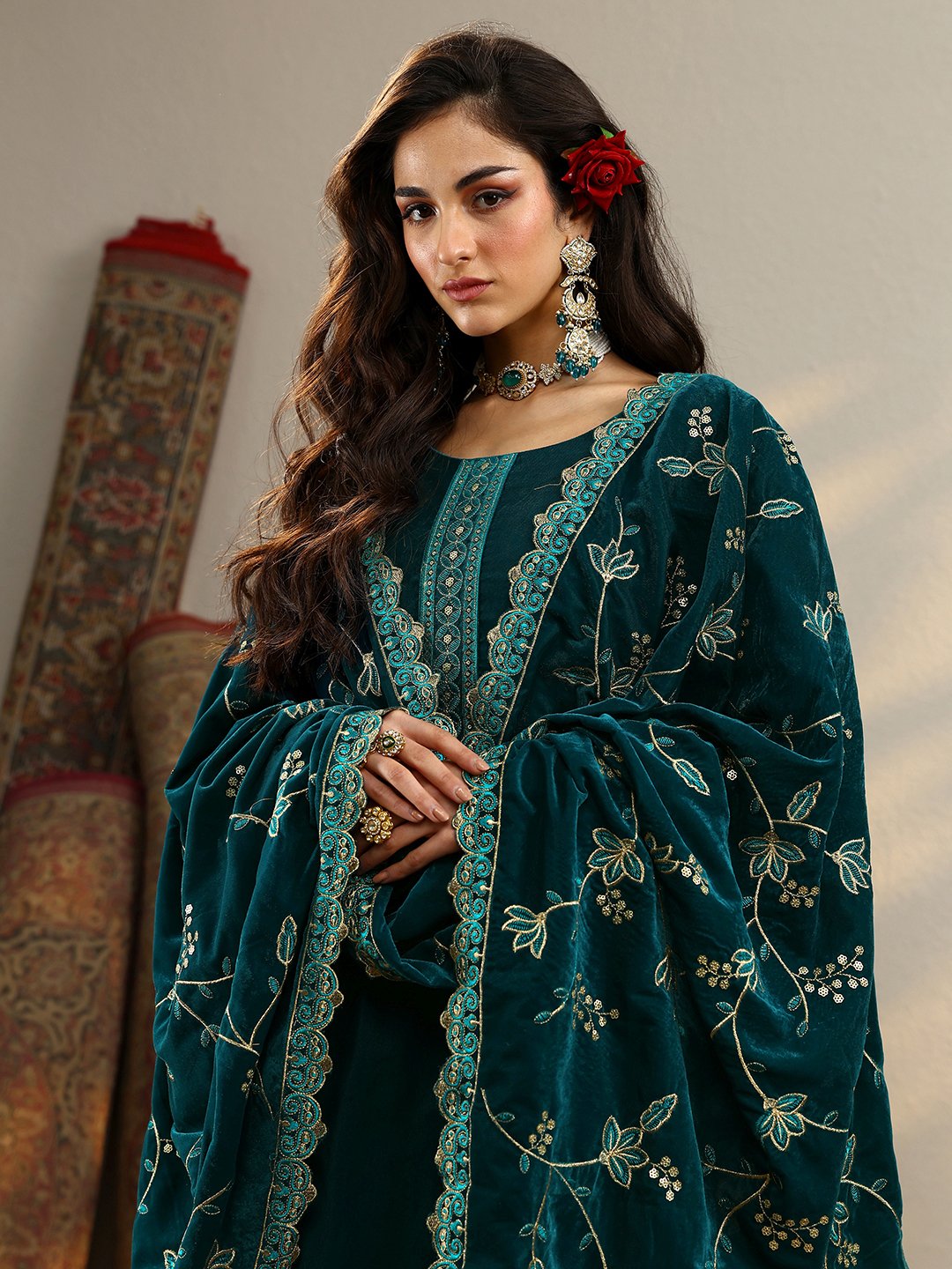 Teal Embroidered Velvet Straight Kurta, Trousers And Dupatta Set