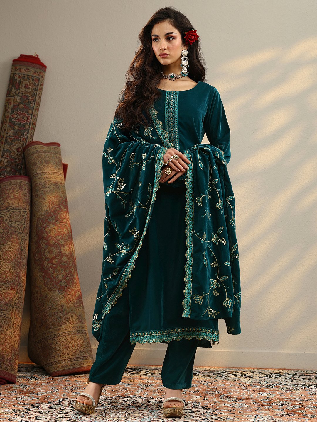 Teal Embroidered Velvet Straight Kurta, Trousers And Dupatta Set