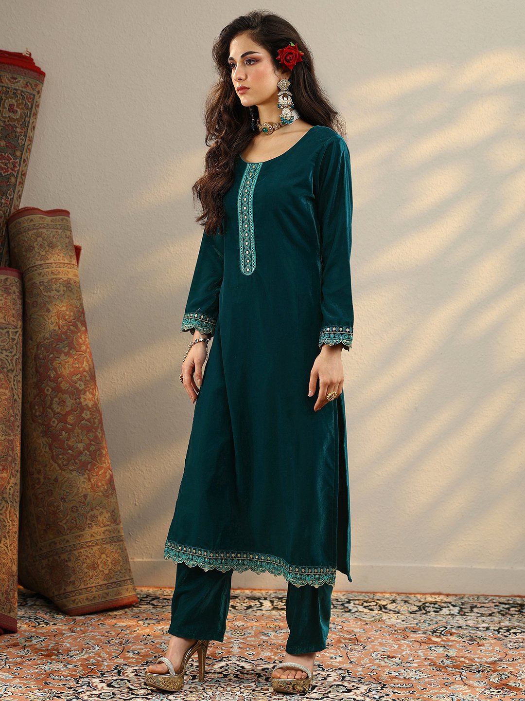 Teal Embroidered Velvet Straight Kurta, Trousers And Dupatta Set
