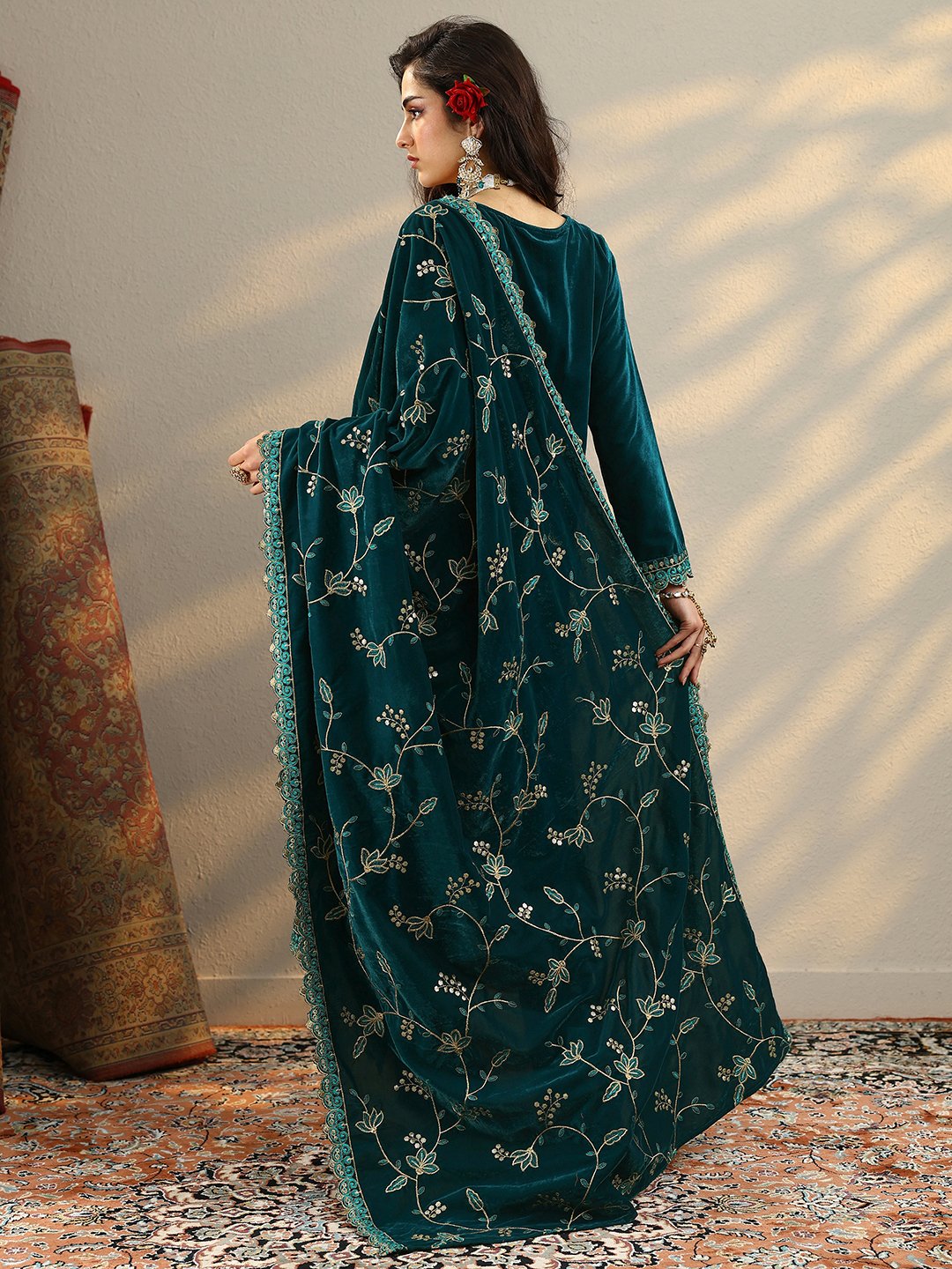 Teal Embroidered Velvet Straight Kurta, Trousers And Dupatta Set