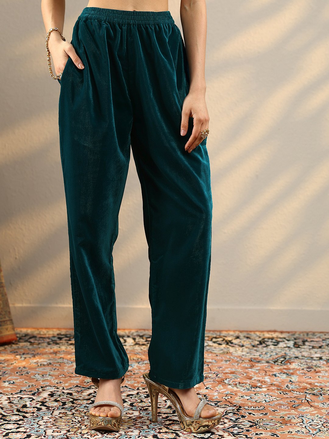 Teal Embroidered Velvet Straight Kurta, Trousers And Dupatta Set