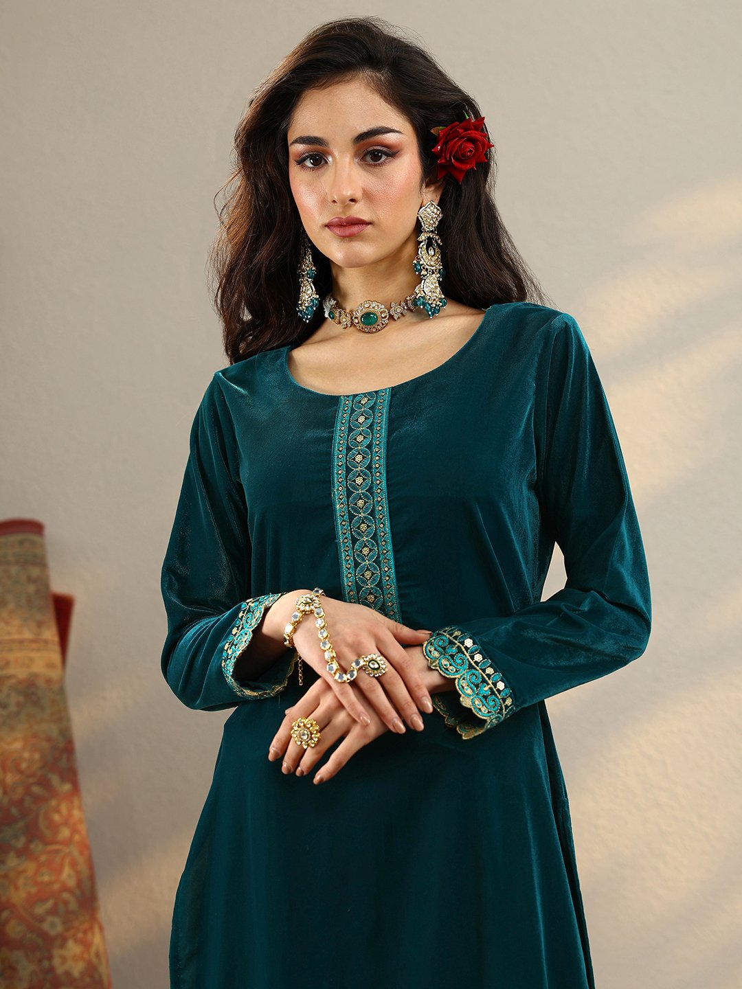 Teal Embroidered Velvet Straight Kurta, Trousers And Dupatta Set