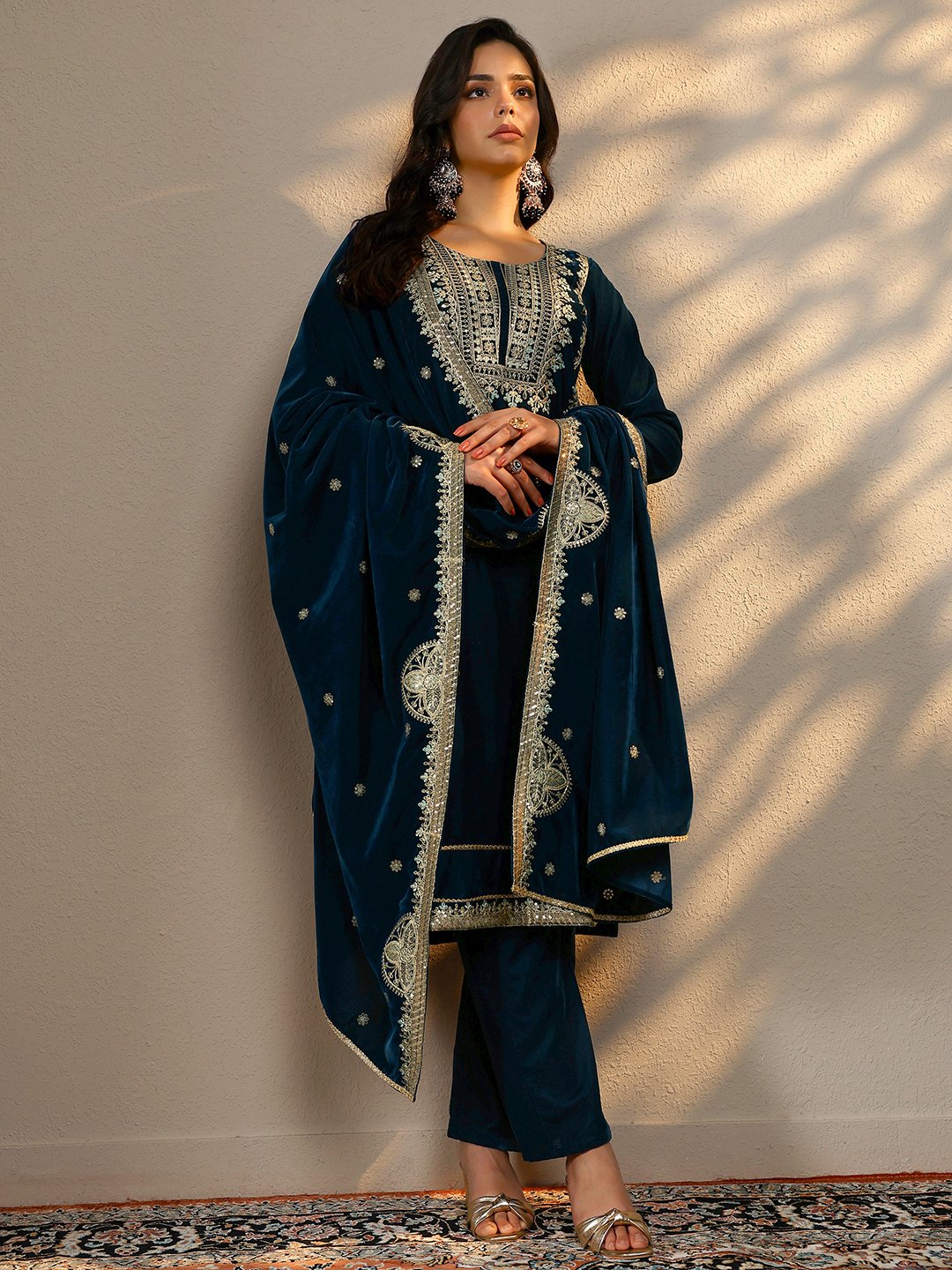 Navy Blue Embroidered Velvet Straight Kurta, Trousers And Dupatta Set