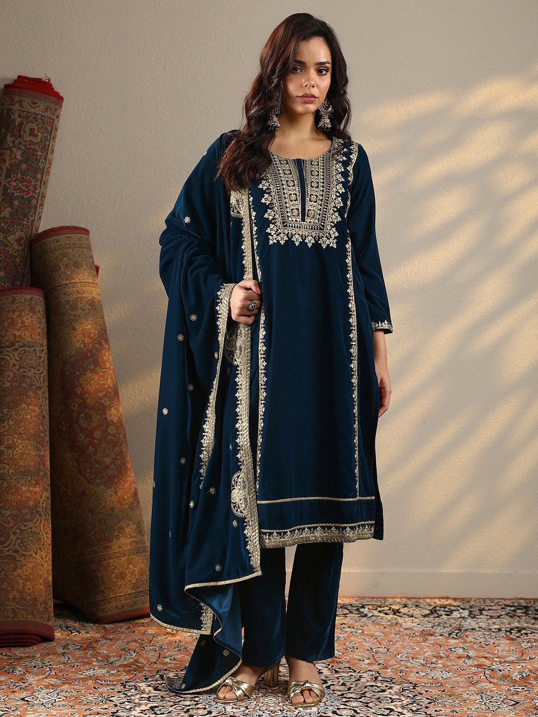 Navy Blue Embroidered Velvet Straight Kurta, Trousers And Dupatta Set