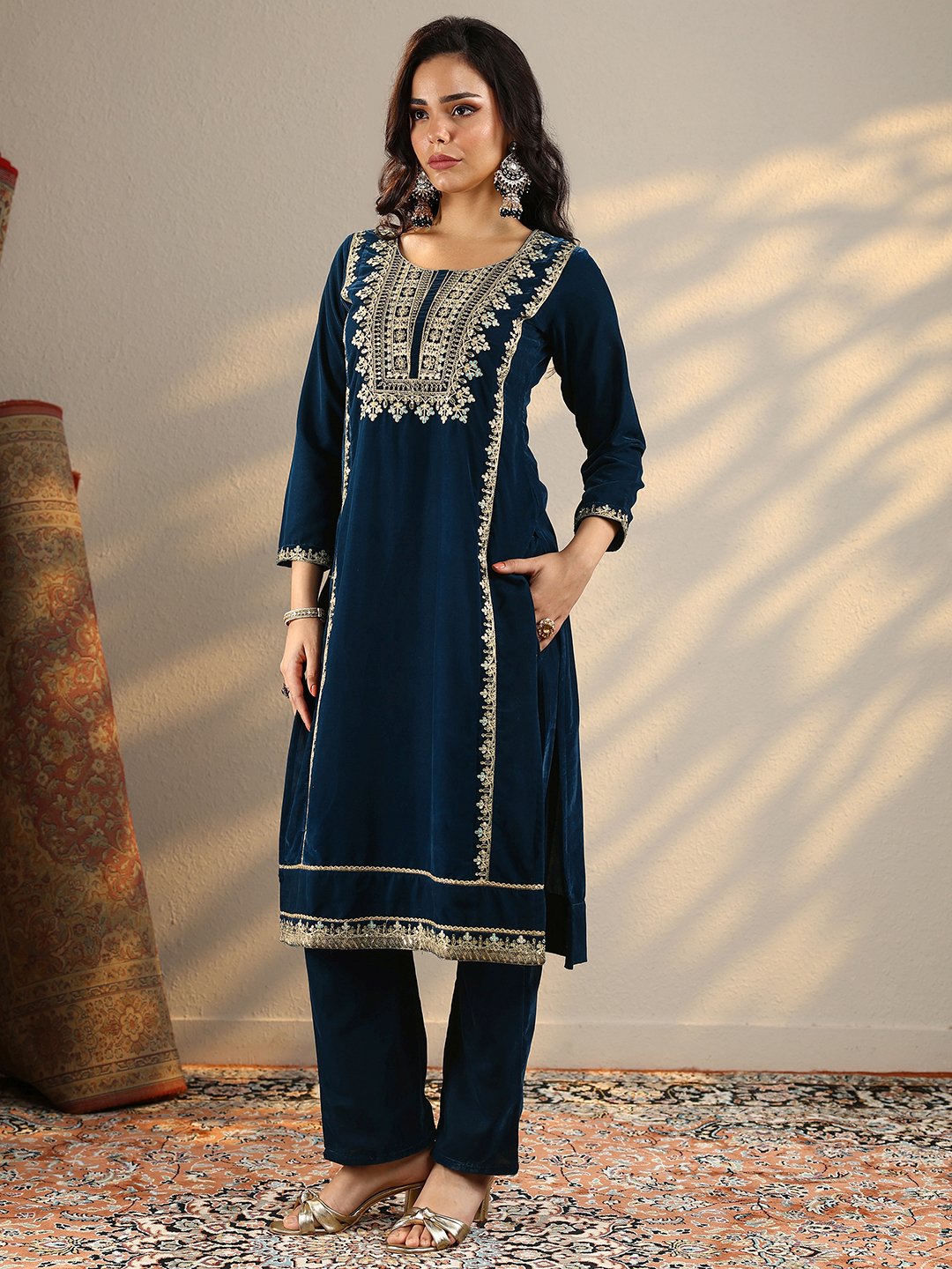 Navy Blue Embroidered Velvet Straight Kurta, Trousers And Dupatta Set