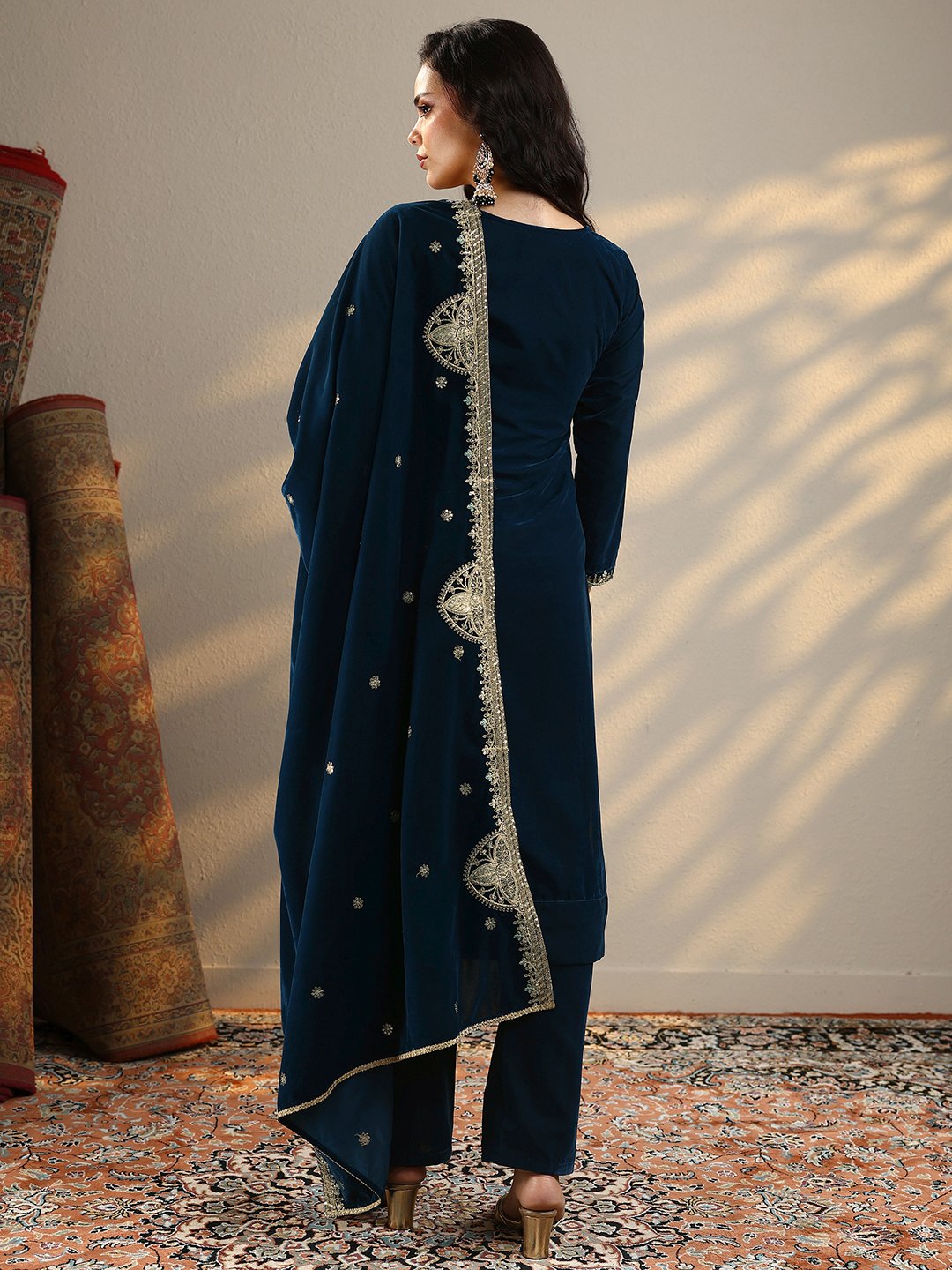 Navy Blue Embroidered Velvet Straight Kurta, Trousers And Dupatta Set