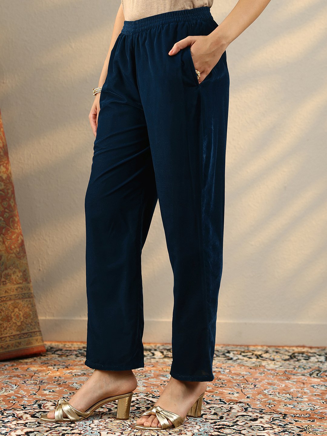Navy Blue Embroidered Velvet Straight Kurta, Trousers And Dupatta Set