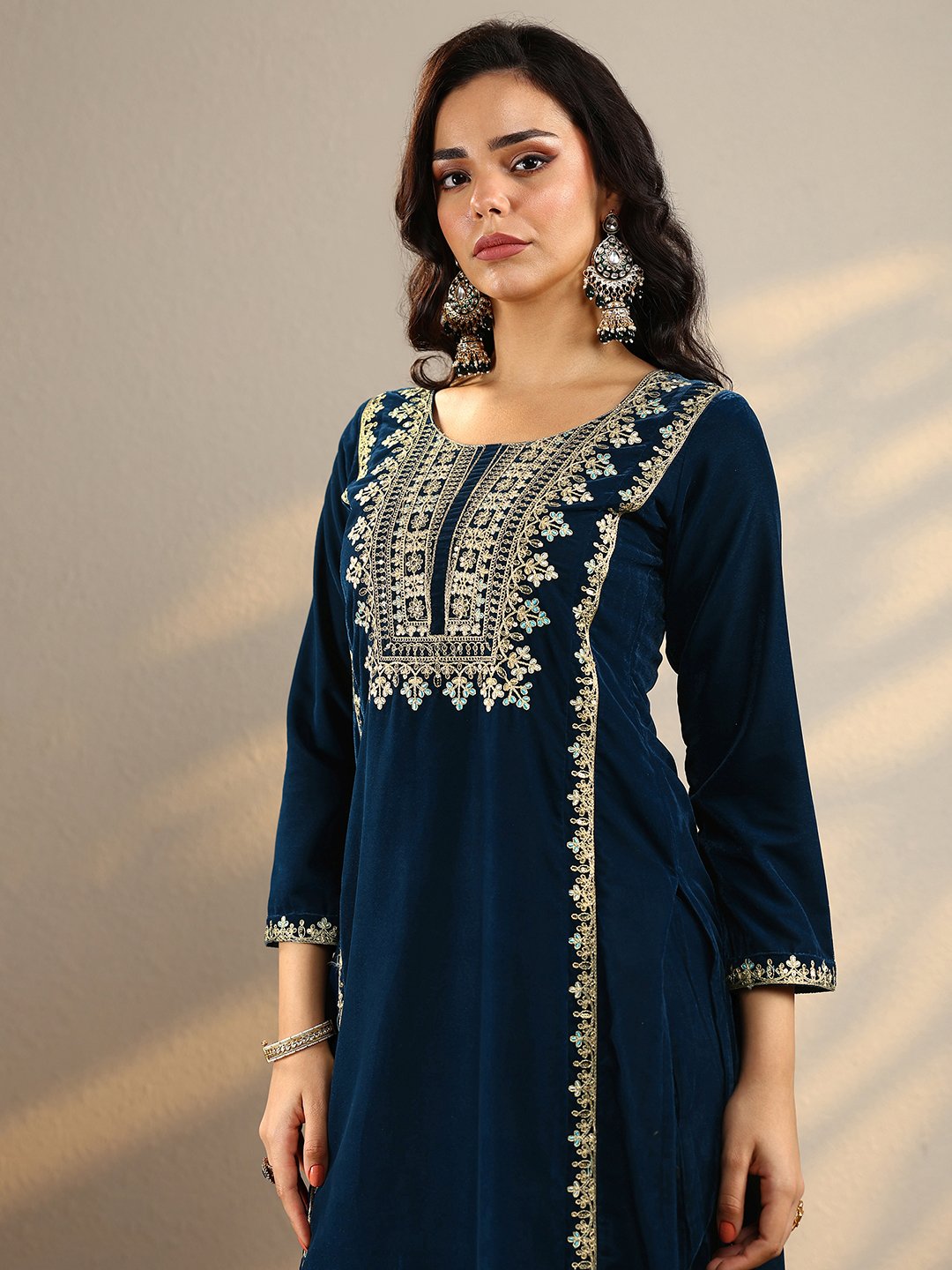 Navy Blue Embroidered Velvet Straight Kurta, Trousers And Dupatta Set