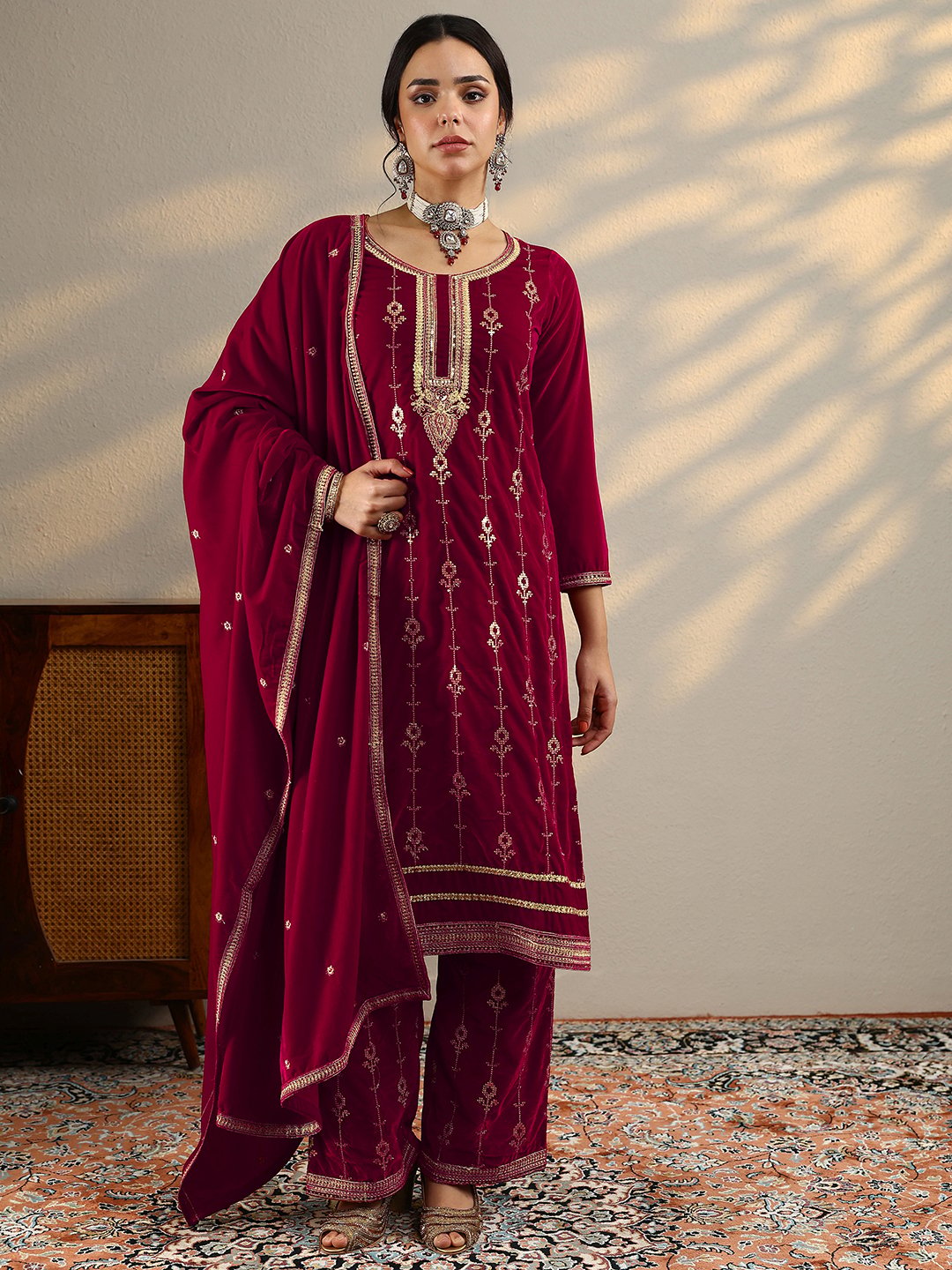 Pink Embroidered Velvet Straight Kurta, Trousers And Dupatta Set