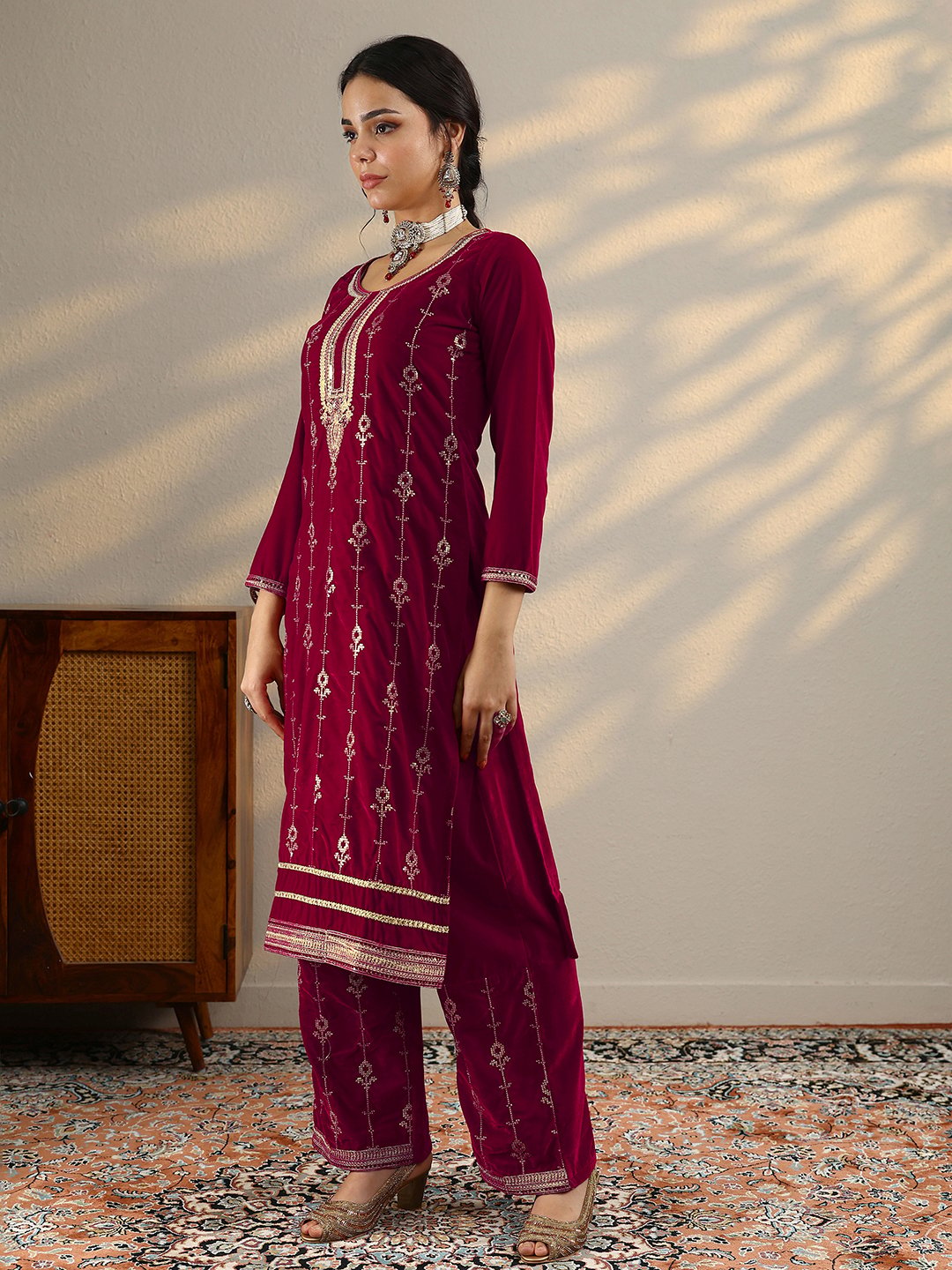 Pink Embroidered Velvet Straight Kurta, Trousers And Dupatta Set