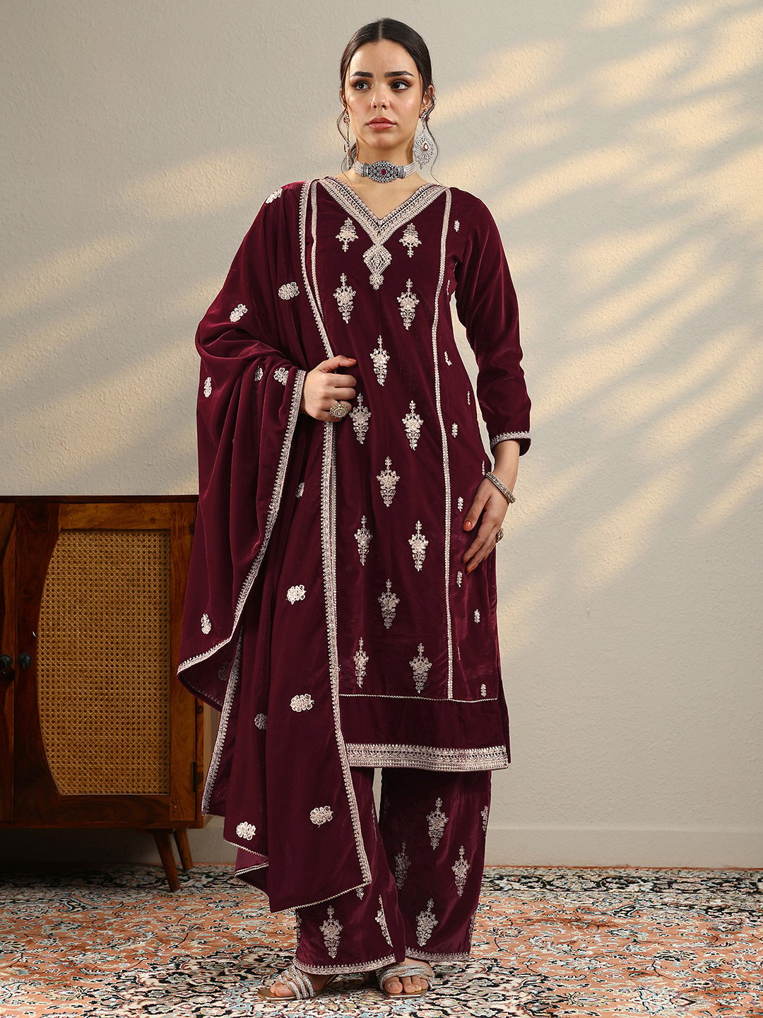 Maroon Embroidered Velvet Straight Kurta, Trousers And Dupatta Set