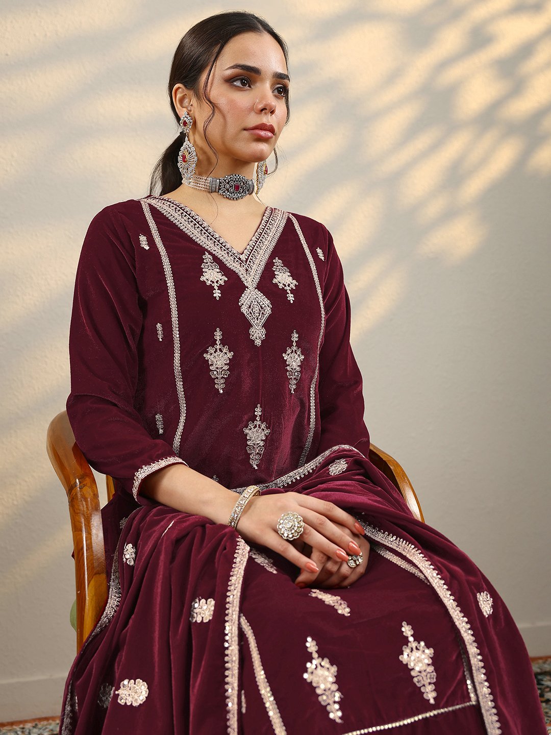 Maroon Embroidered Velvet Straight Kurta, Trousers And Dupatta Set