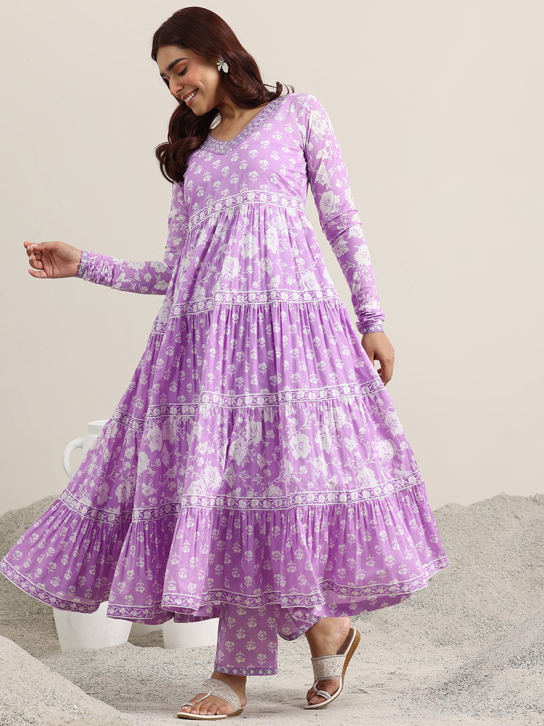 Purple Printed Cotton Anarkali Kurta, Trousers And Dupatta Set