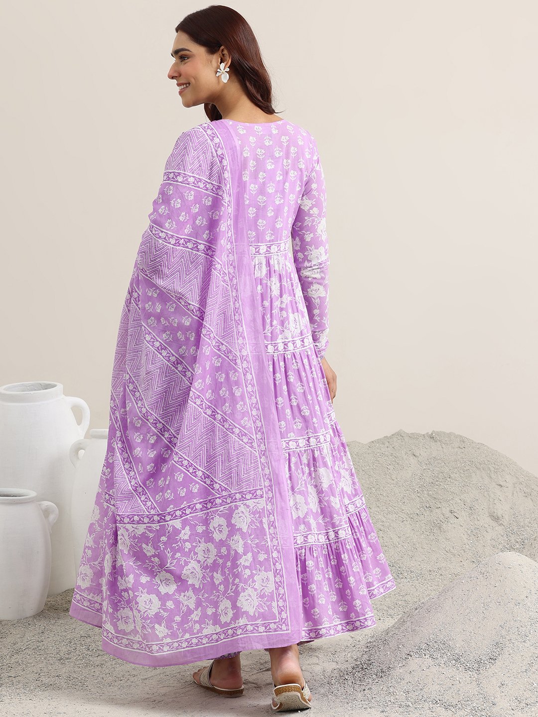 Purple Printed Cotton Anarkali Kurta, Trousers And Dupatta Set