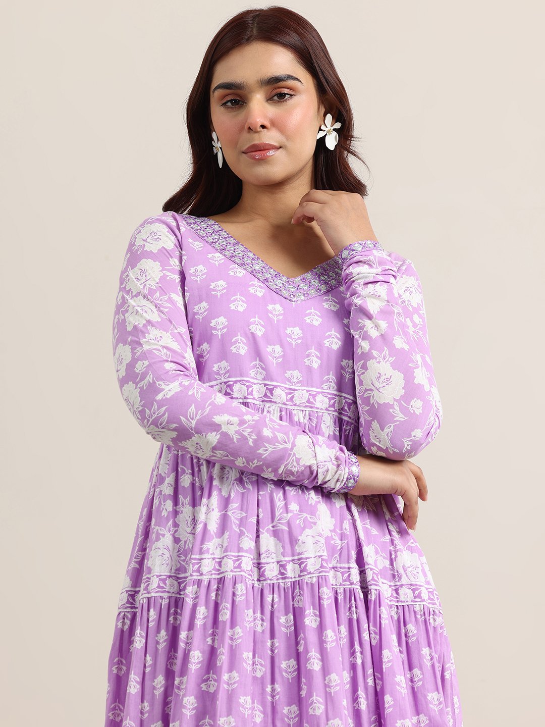 Purple Printed Cotton Anarkali Kurta, Trousers And Dupatta Set