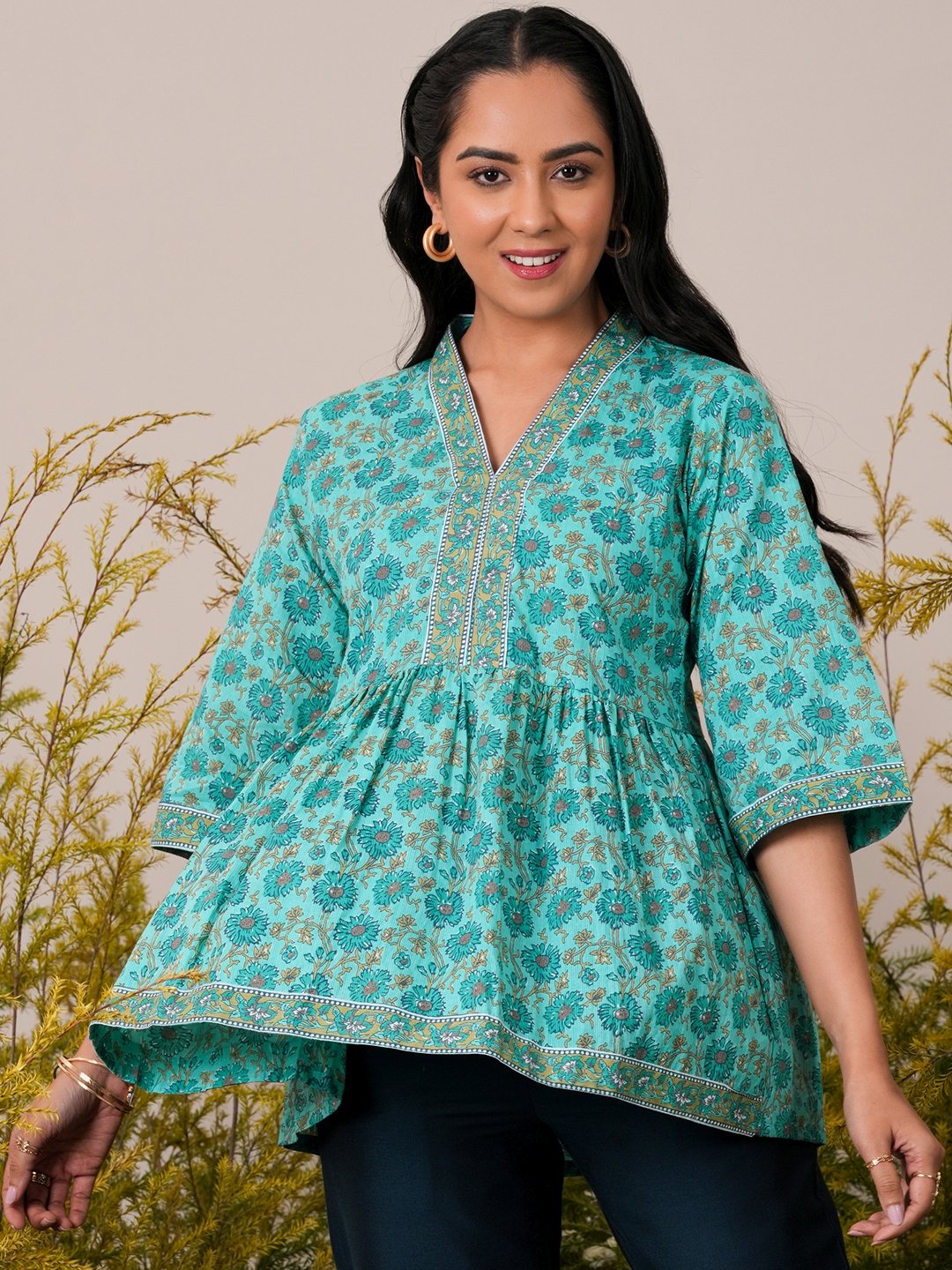 Blue Printed Cotton A-Line Kurti