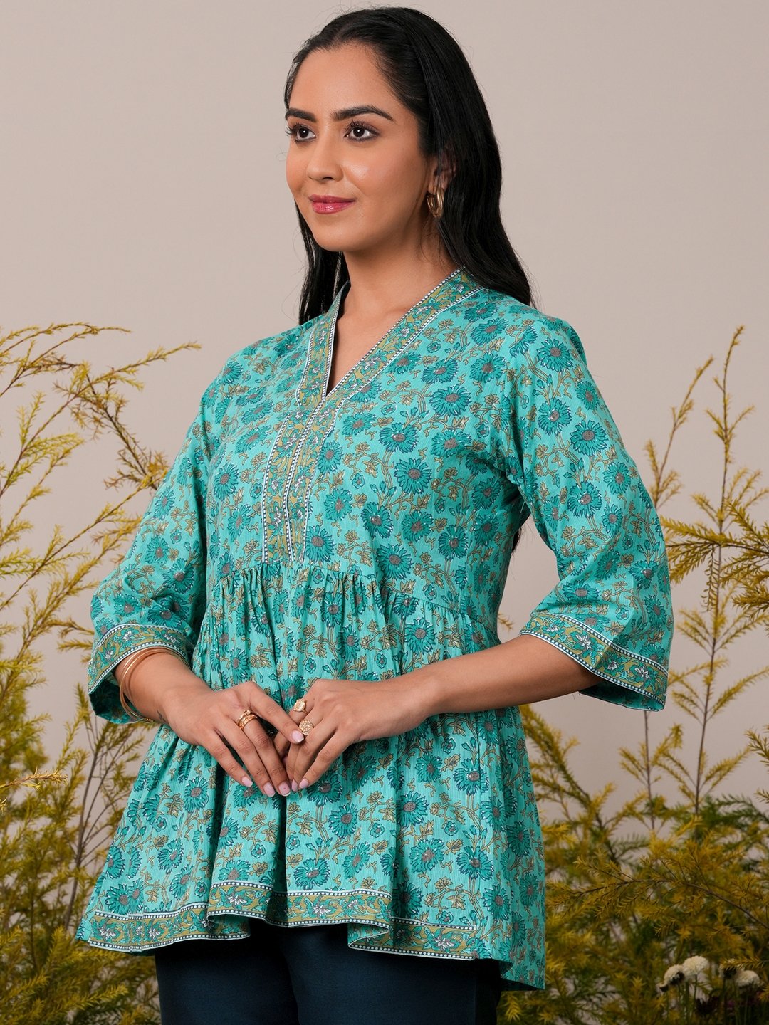 Blue Printed Cotton A-Line Kurti
