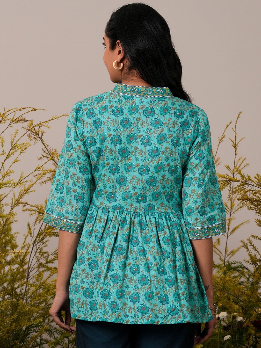 Blue Printed Cotton A-Line Kurti