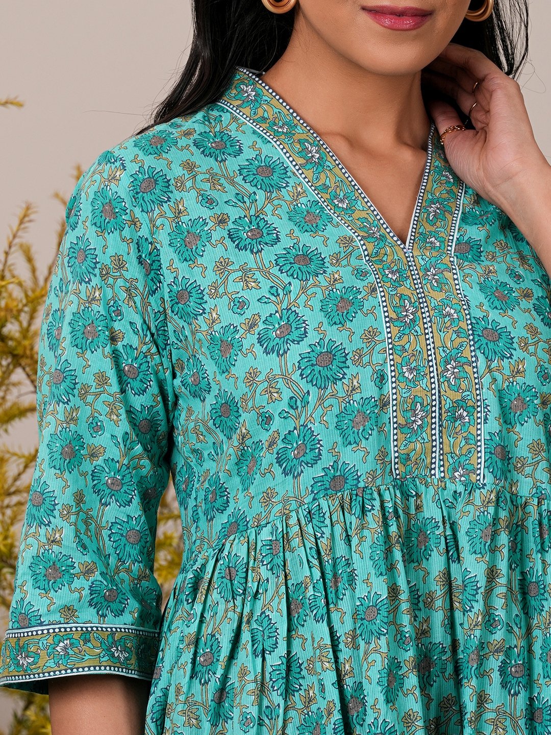 Blue Printed Cotton A-Line Kurti