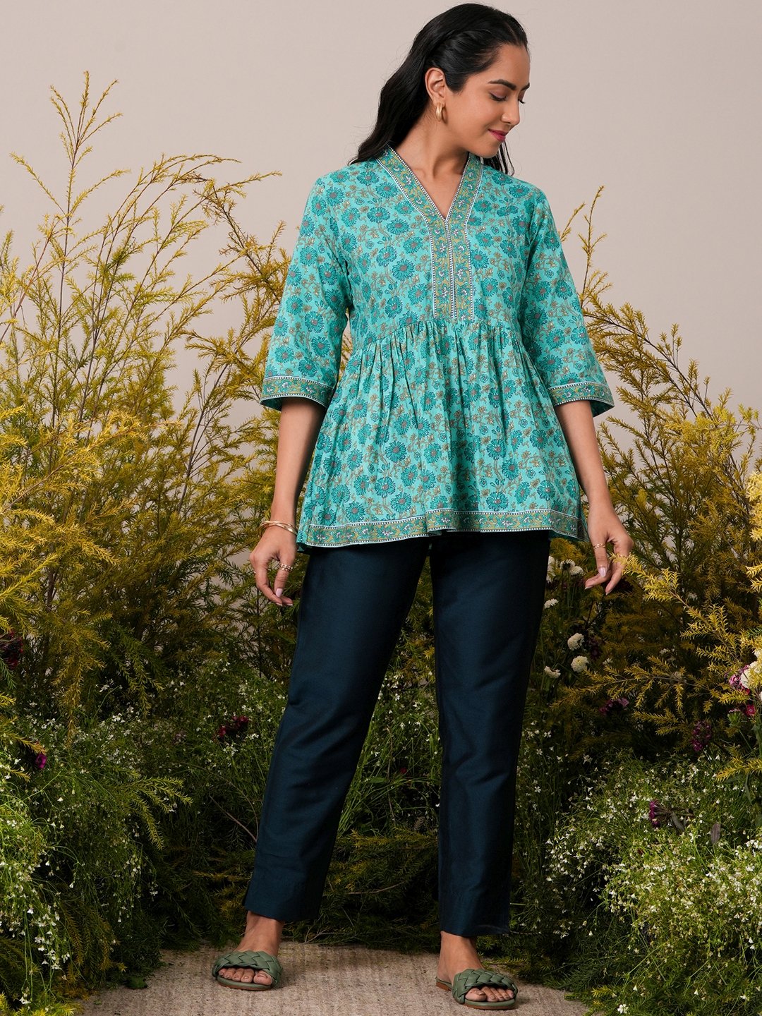 Blue Printed Cotton A-Line Kurti