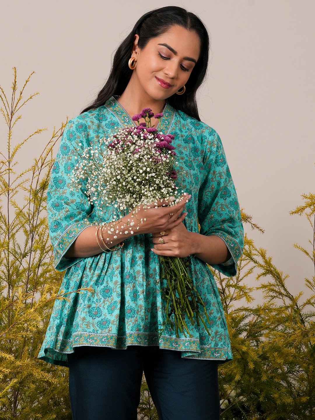 Blue Printed Cotton A-Line Kurti