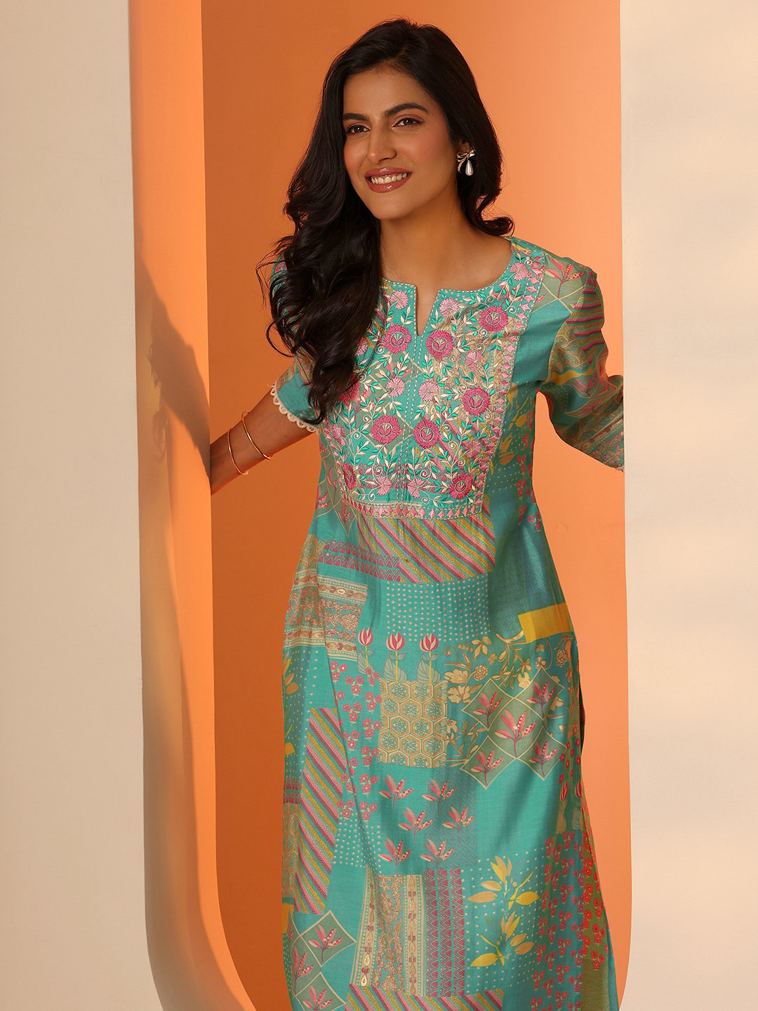 Blue Printed Silk Blend Straight Kurta