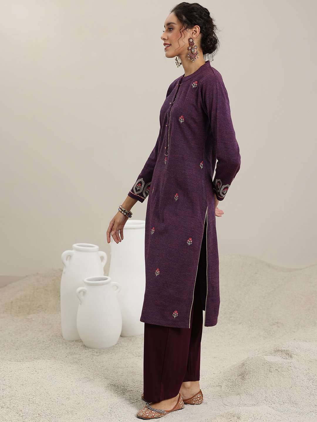 Burgundy Embroidered Wool Straight Kurta