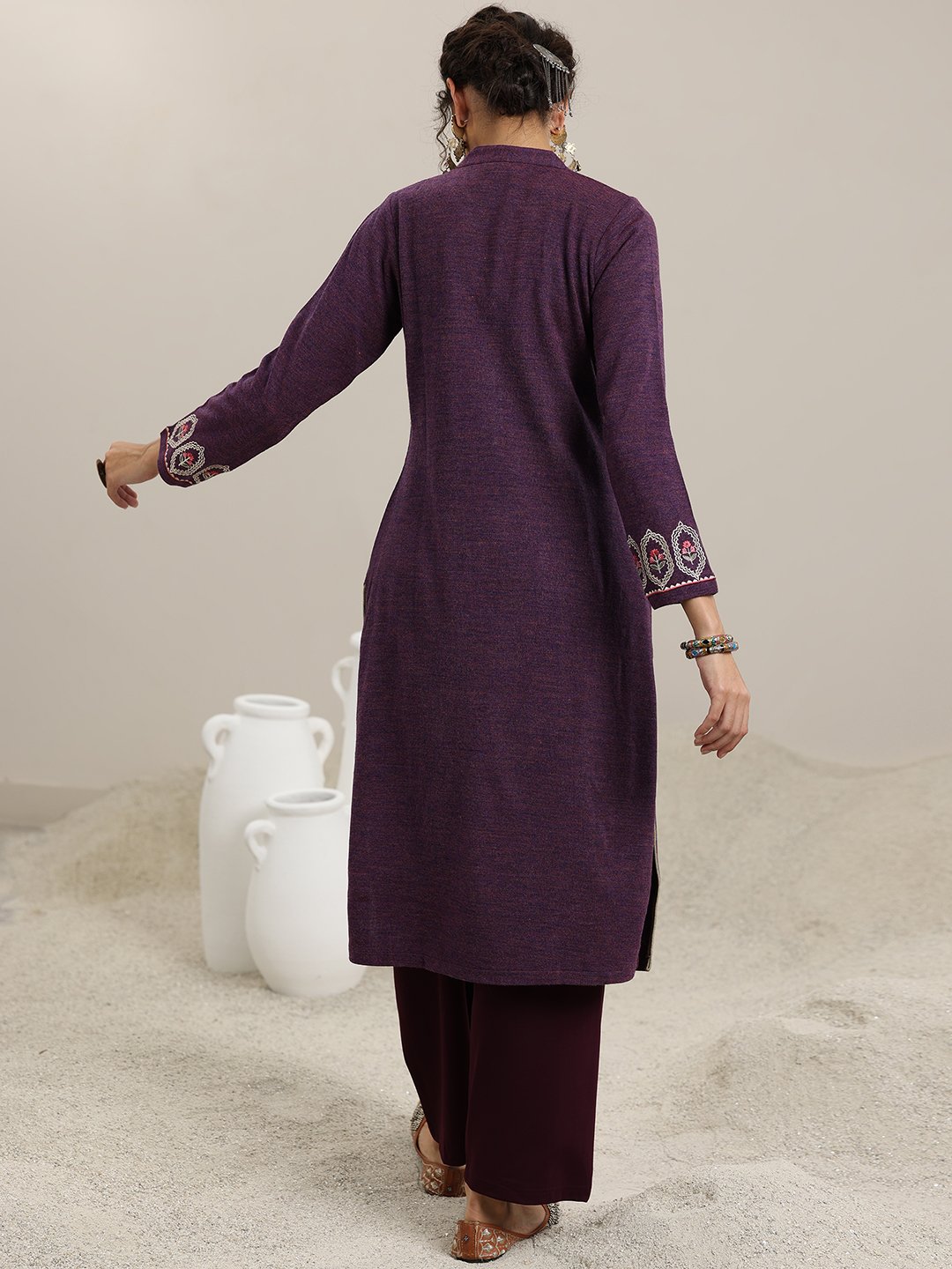Burgundy Embroidered Wool Straight Kurta