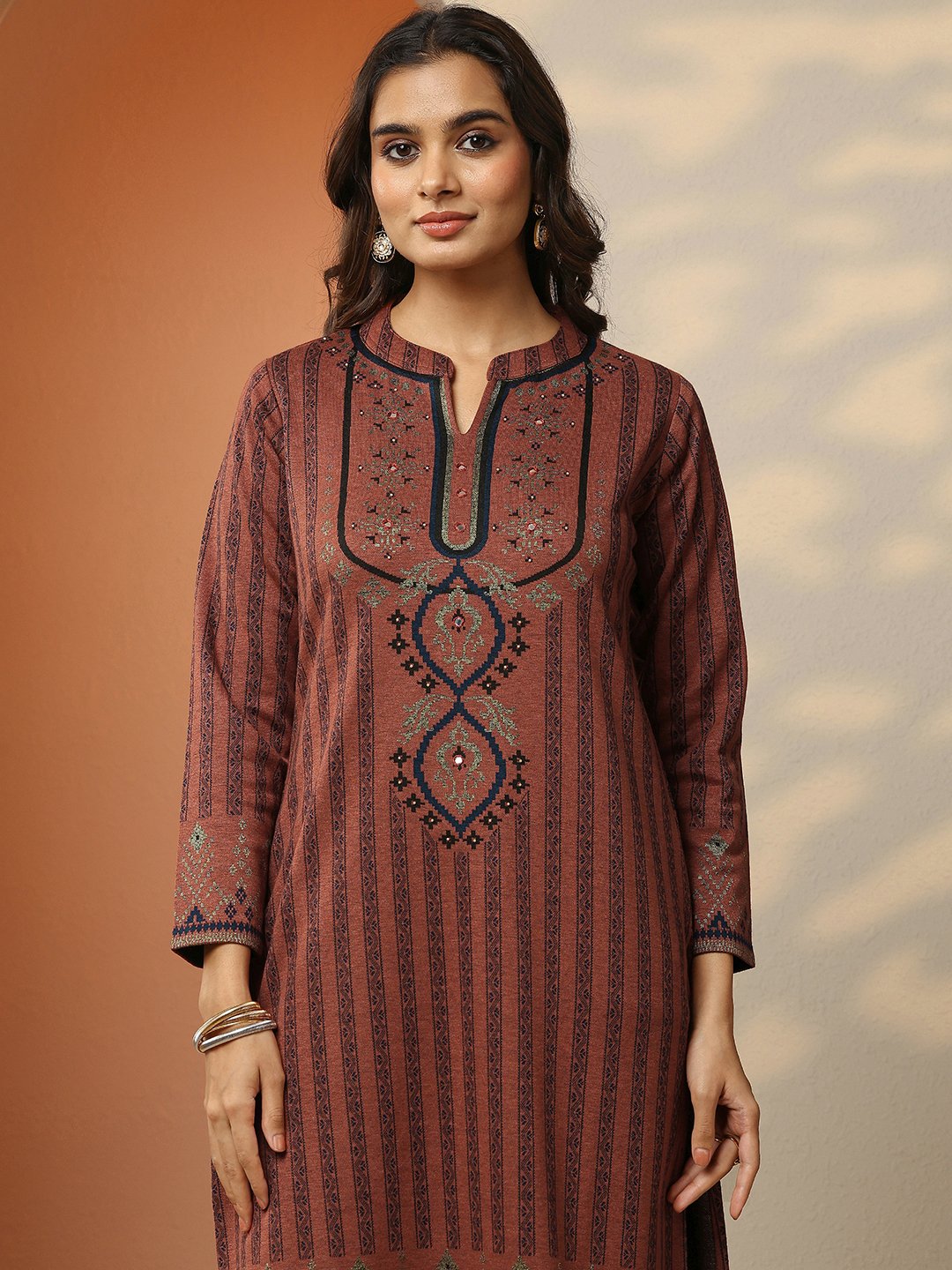 Rust Woven Design Wool Straight Kurta