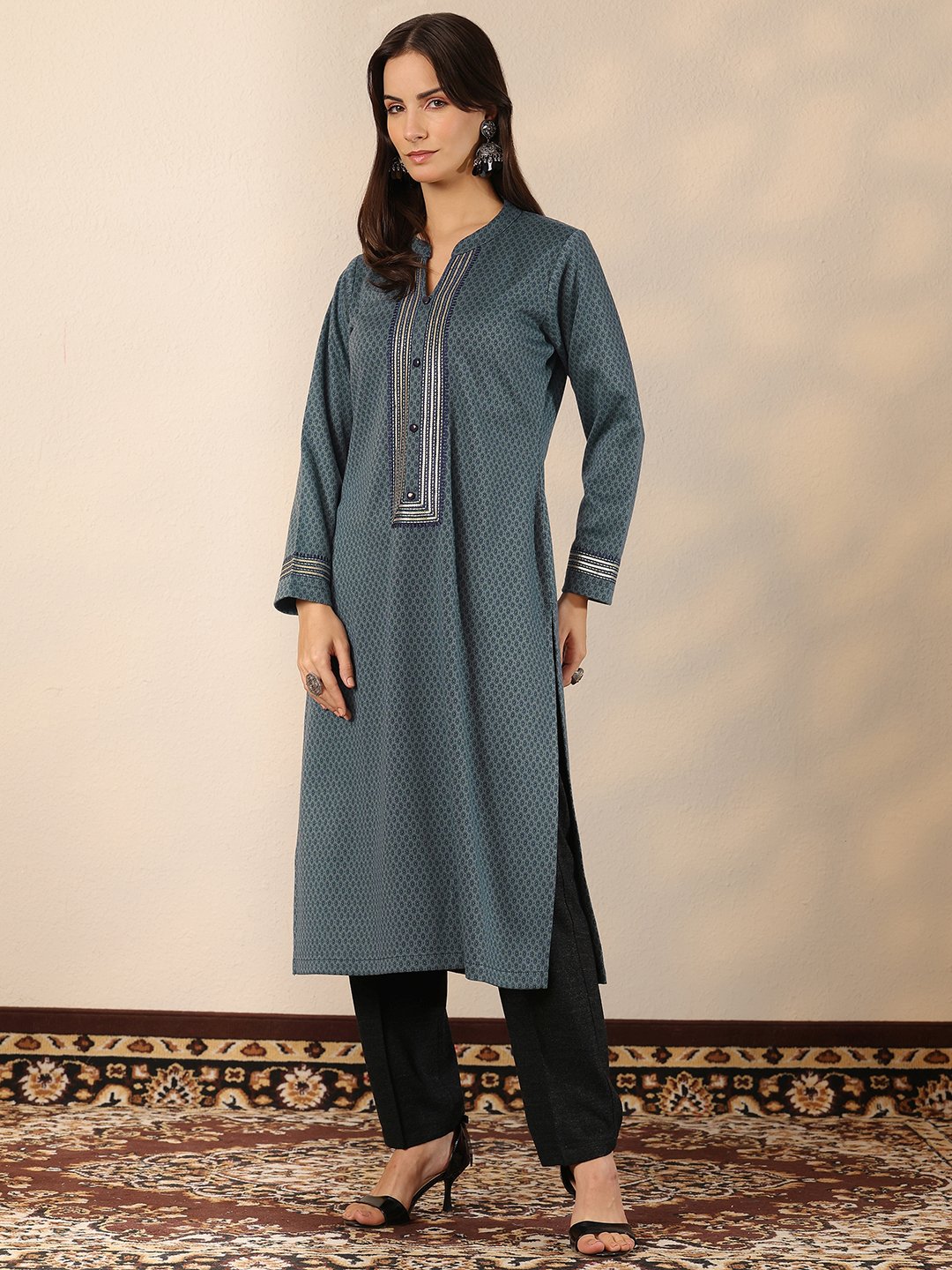 Blue Woven Design Wool Straight Kurta