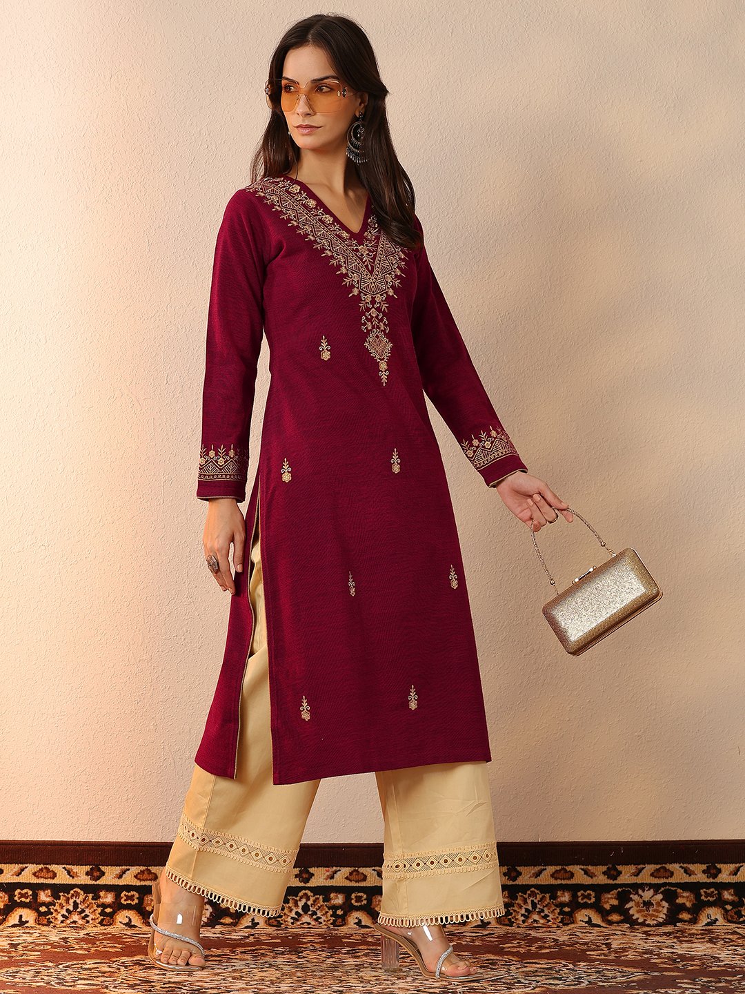 Red Embroidered Wool Straight Kurta