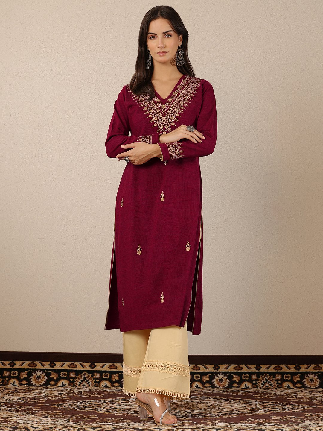 Red Embroidered Wool Straight Kurta