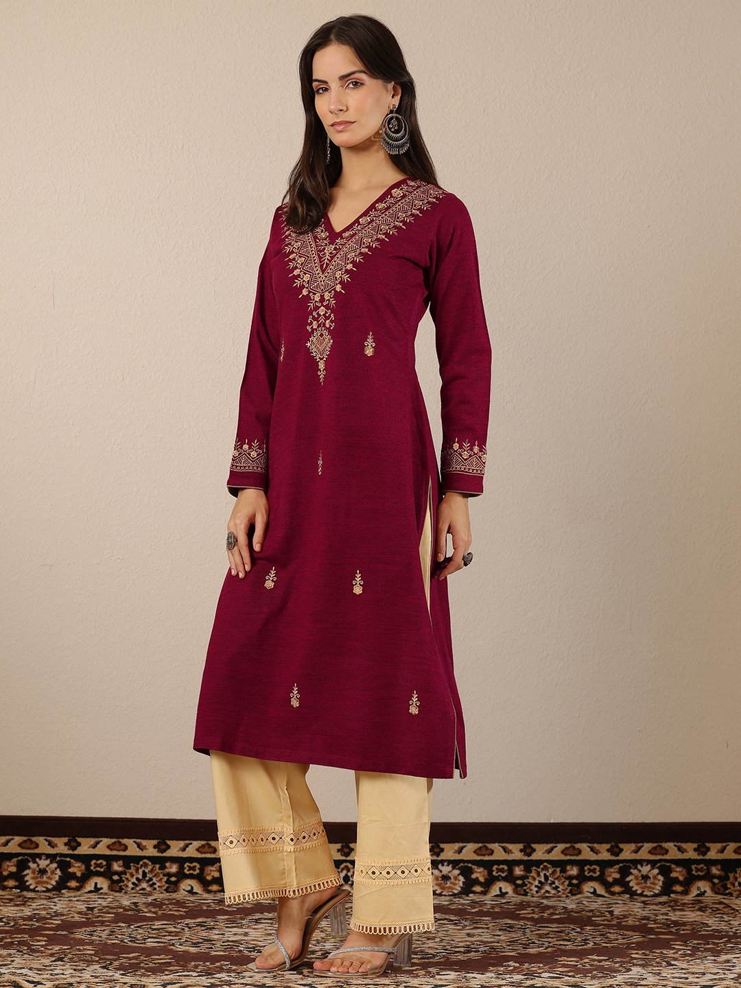 Red Embroidered Wool Straight Kurta
