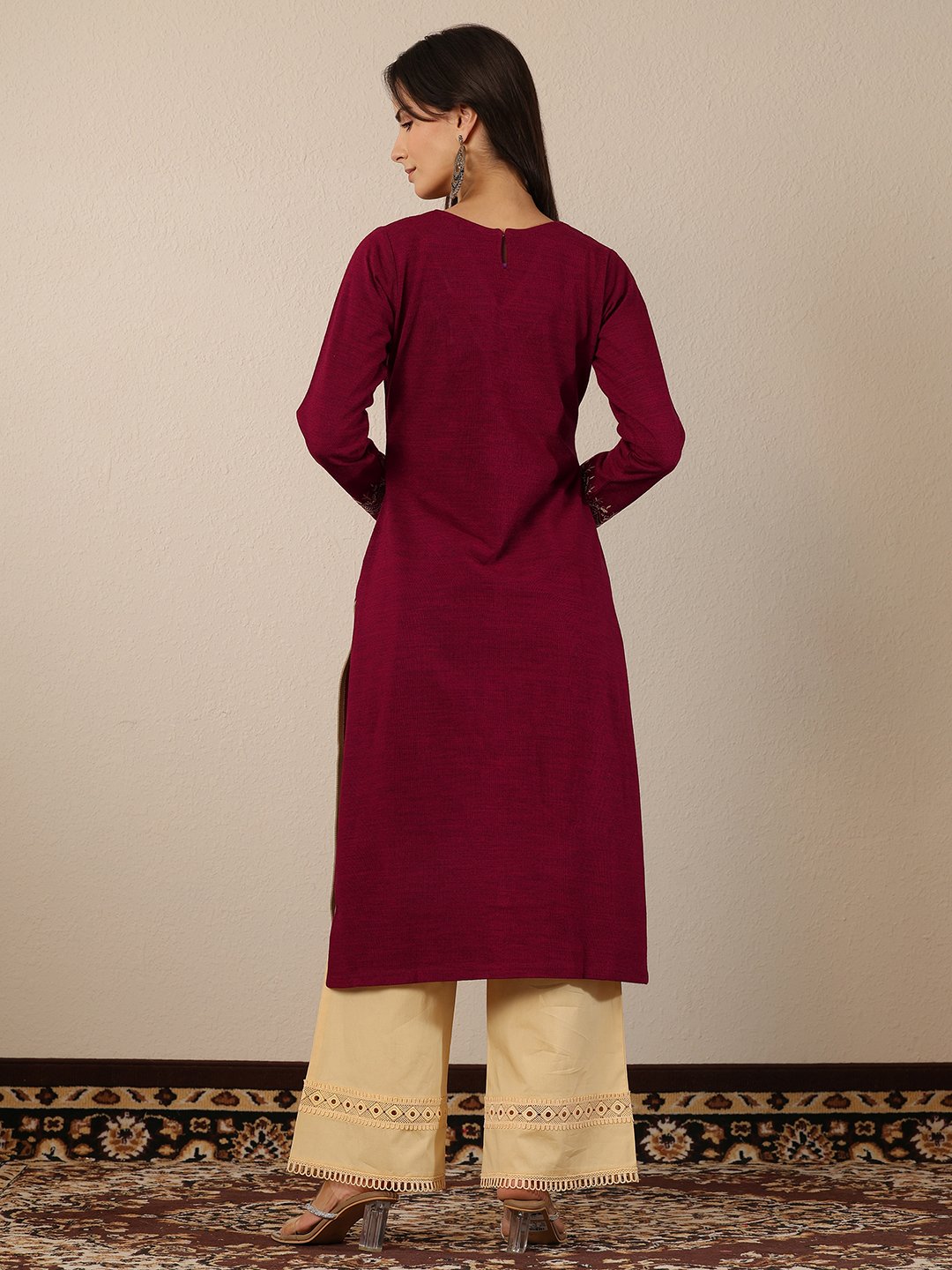 Red Embroidered Wool Straight Kurta