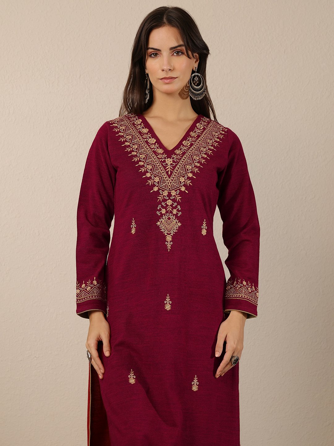 Red Embroidered Wool Straight Kurta