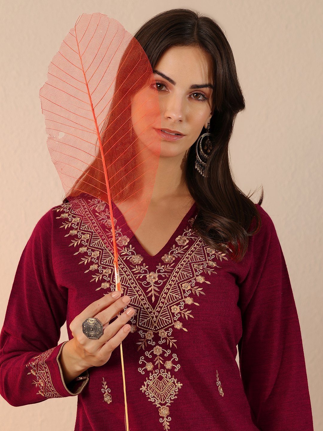Red Embroidered Wool Straight Kurta
