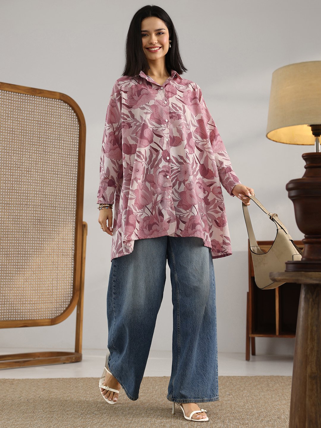Purple Printed Cotton A-Line Kurti