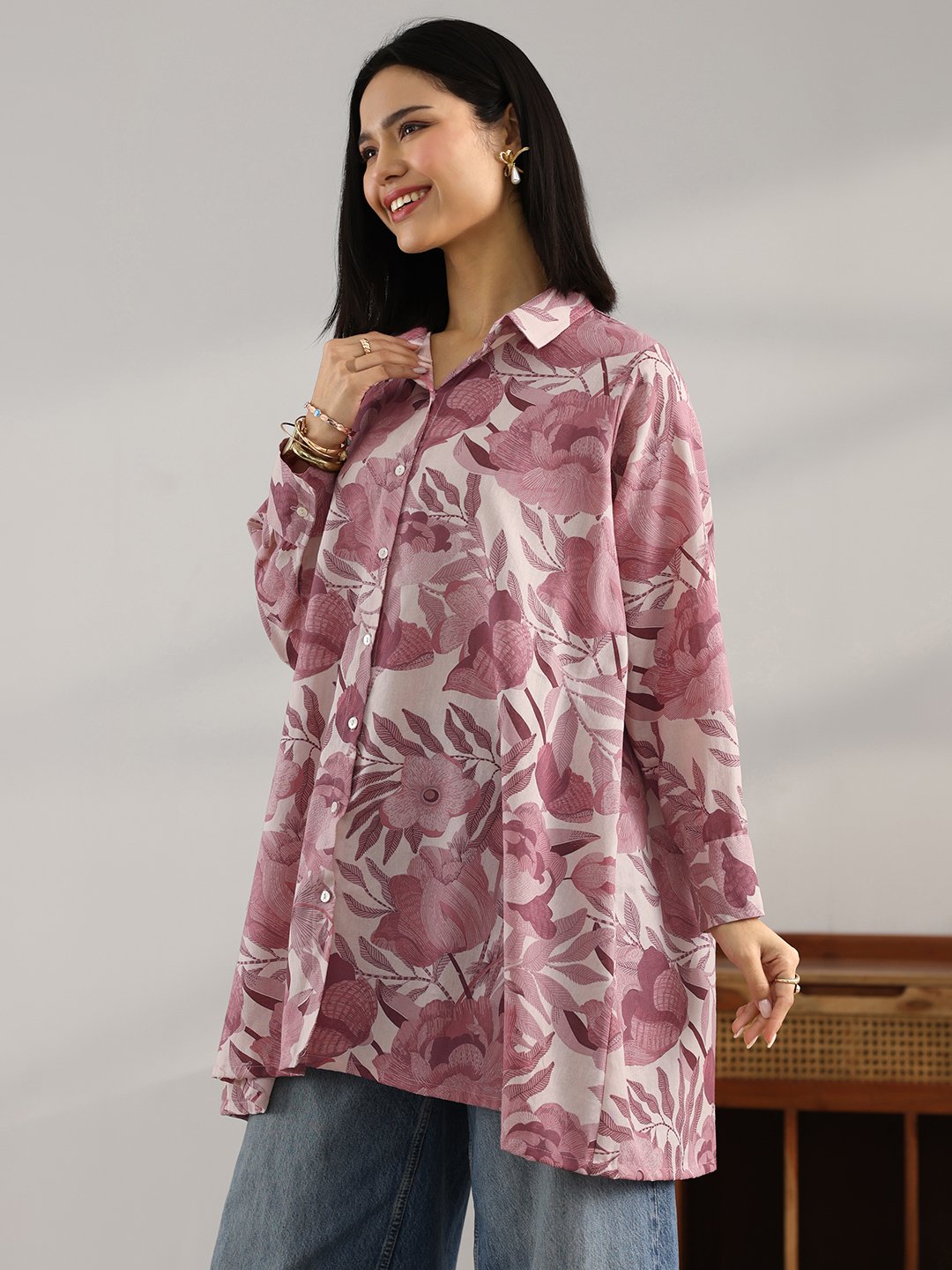 Purple Printed Cotton A-Line Kurti