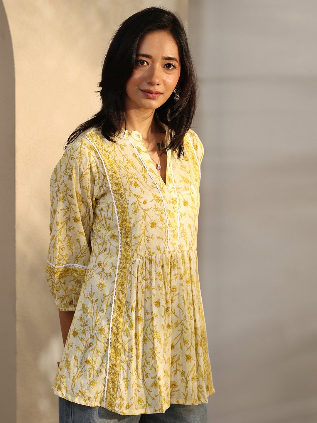 Yellow Printed Cotton A-Line Kurti