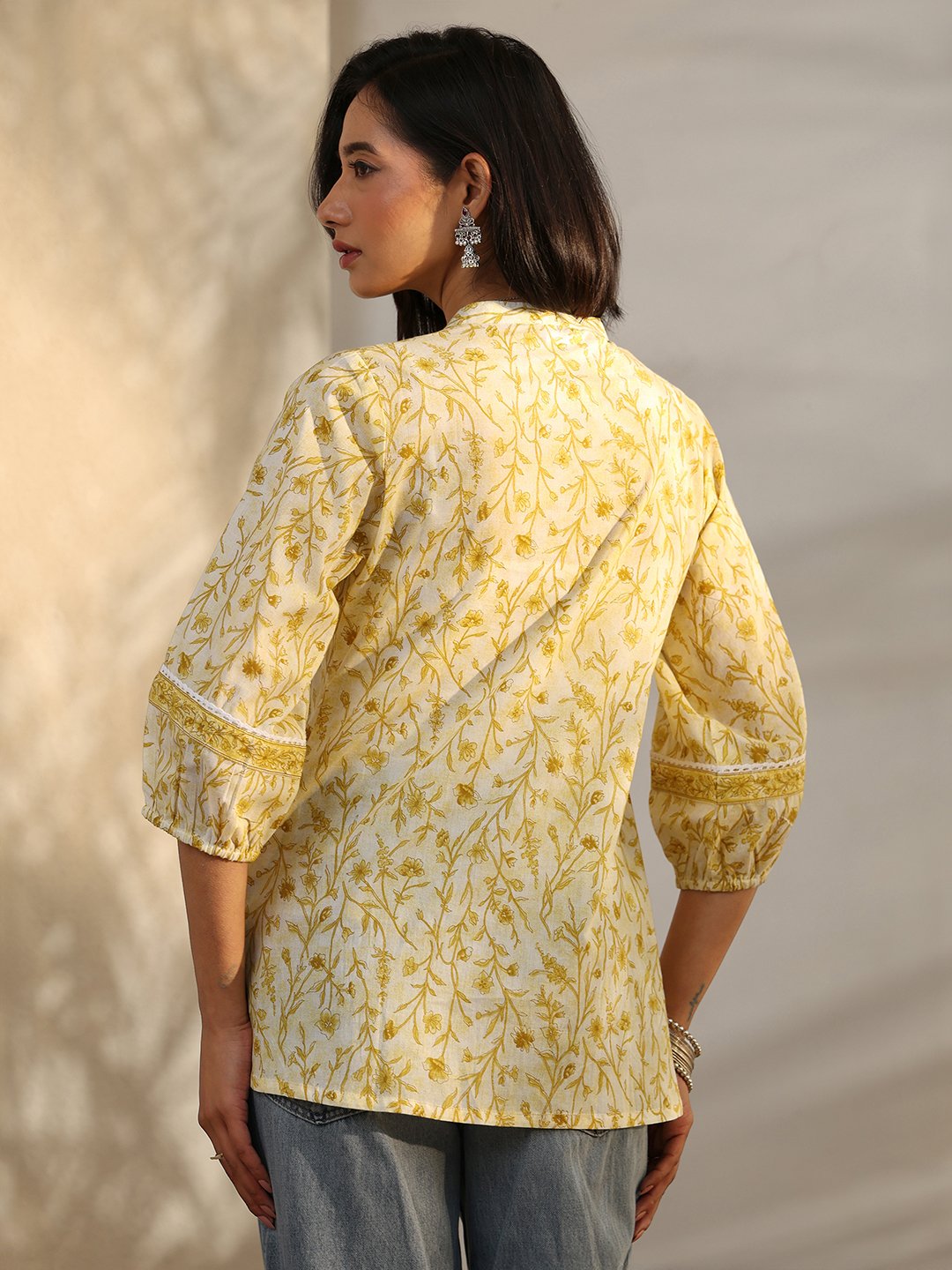 Yellow Printed Cotton A-Line Kurti