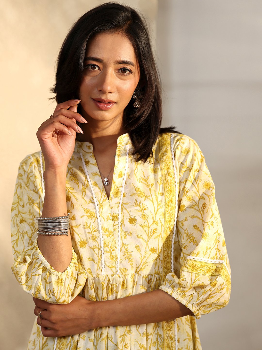 Yellow Printed Cotton A-Line Kurti