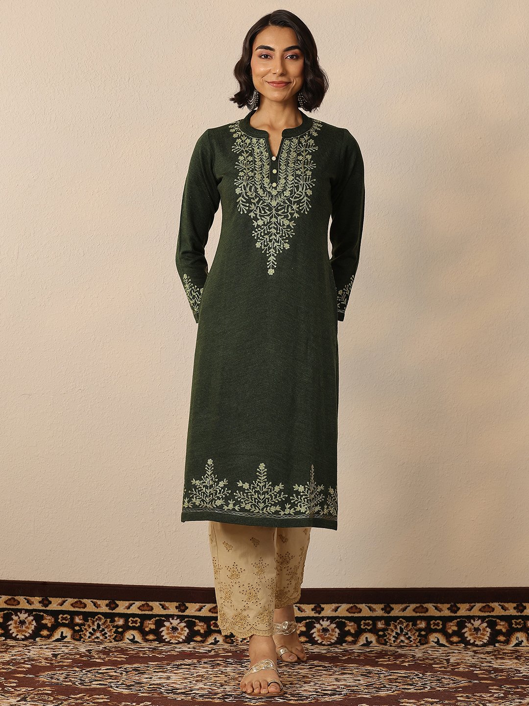 Olive Embroidered Wool Straight Kurta