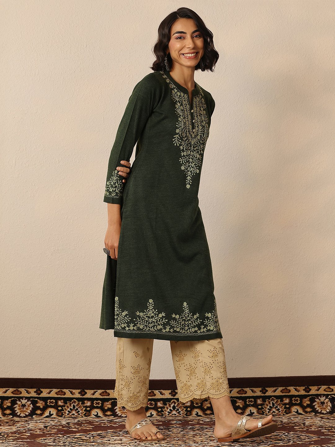 Olive Embroidered Wool Straight Kurta